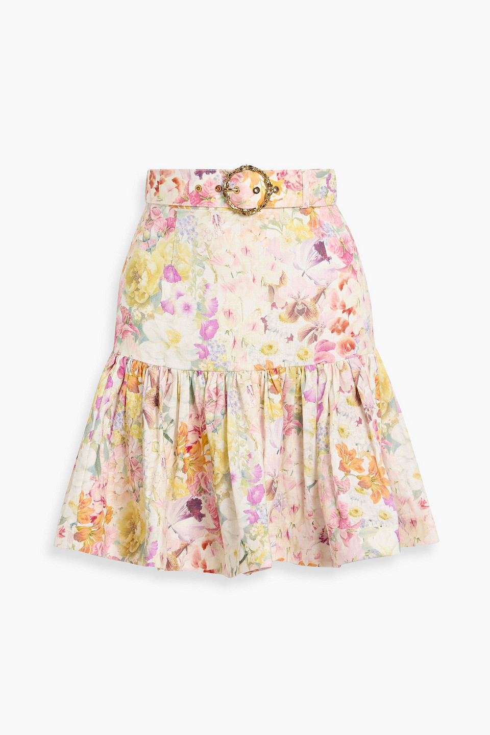 Zimmermann Belted Floral-print Linen Mini Skirt In Pink