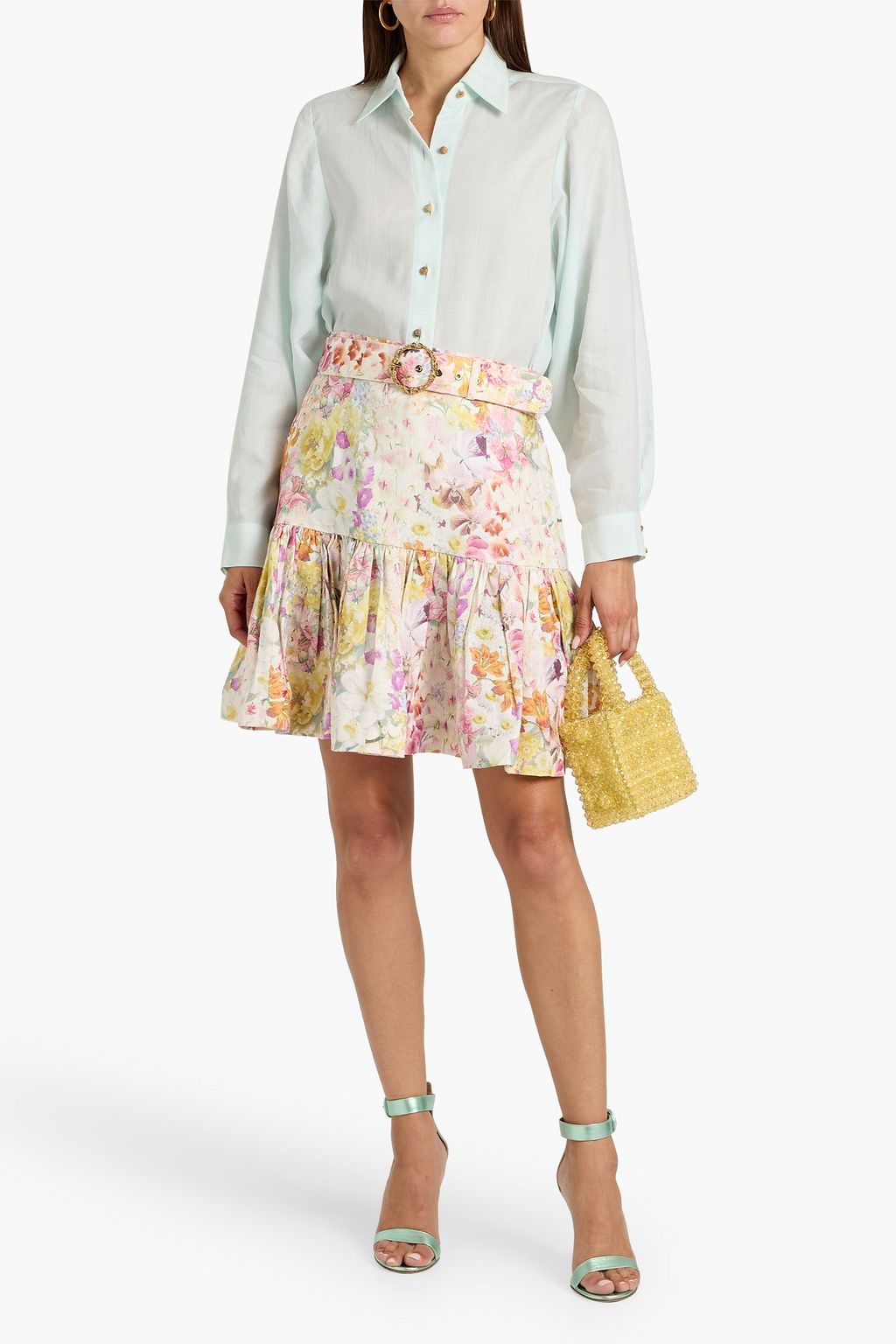 ZIMMERMANN Belted floral-print linen mini skirt