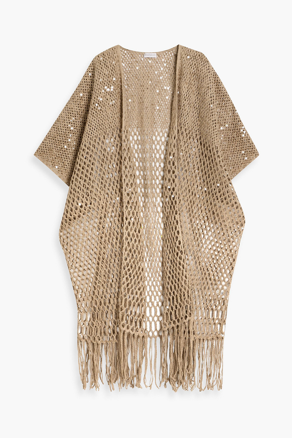 Brunello Cucinelli Fringed Sequin-embellished Open-knit Silk And Linen-blend Cardigan In Brown