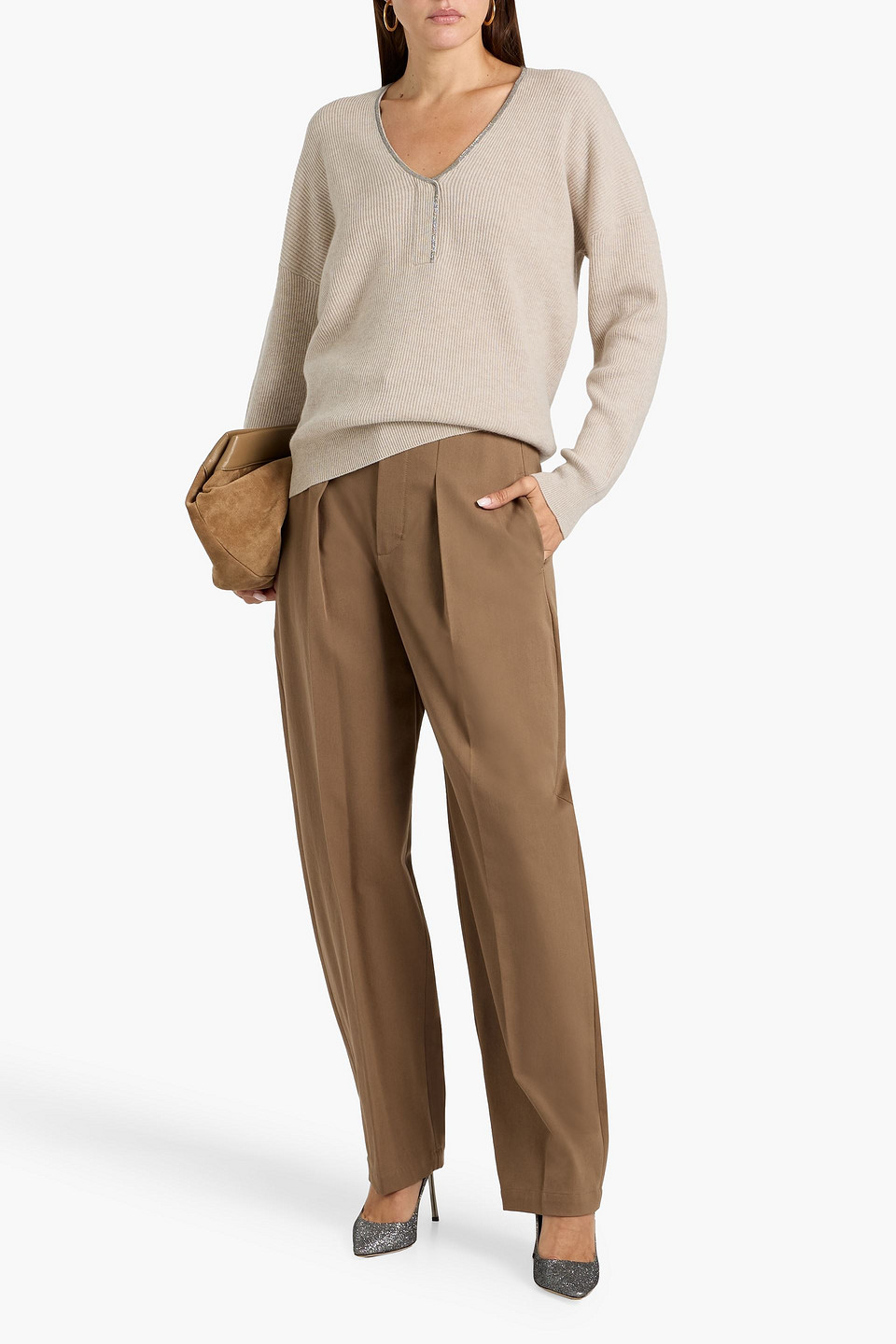 Brunello Cucinelli Bead-embellished Cashmere Sweater In Brown