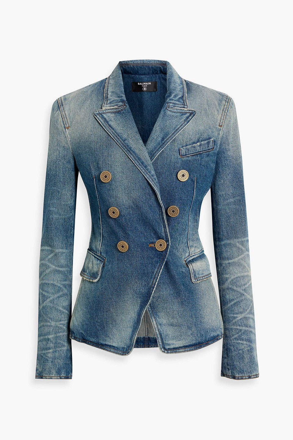 Balmain Double-breasted Faded Denim Blazer In Blue