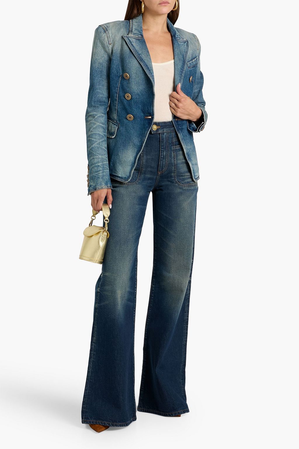 BALMAIN Double-breasted faded denim blazer