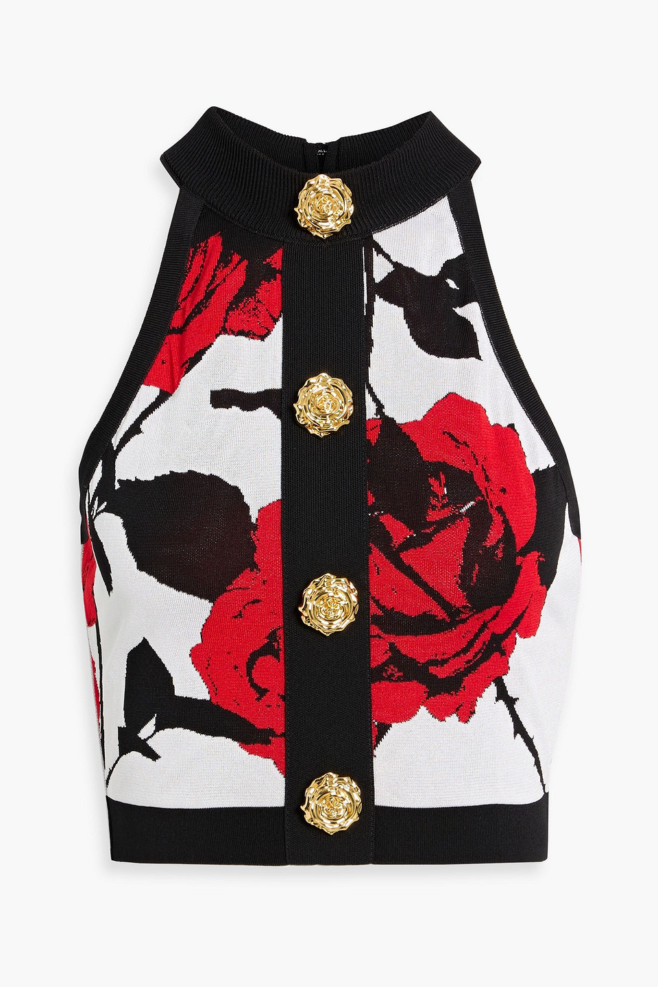 Balmain Cropped Floral Jacquard-knit Halterneck Top In Multi