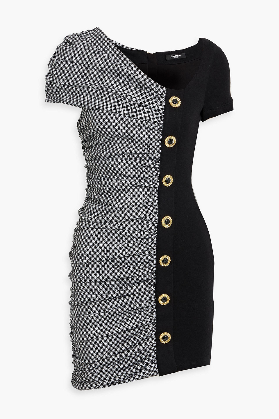Balmain Ruched Checked Cotton-blend Mini Dress In Black