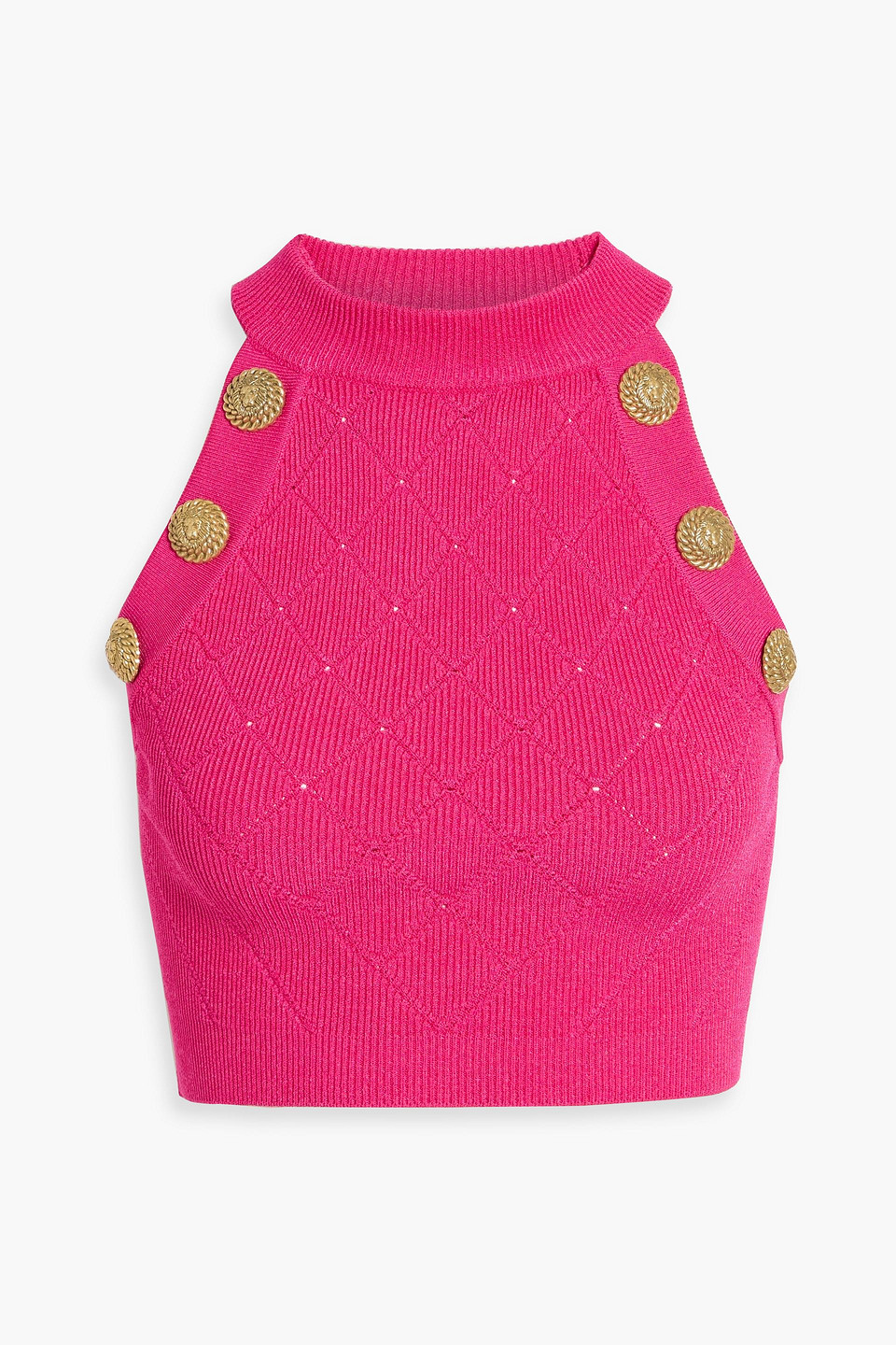 Balmain Cropped Button-embellished Pointelle-knit Top In Pink