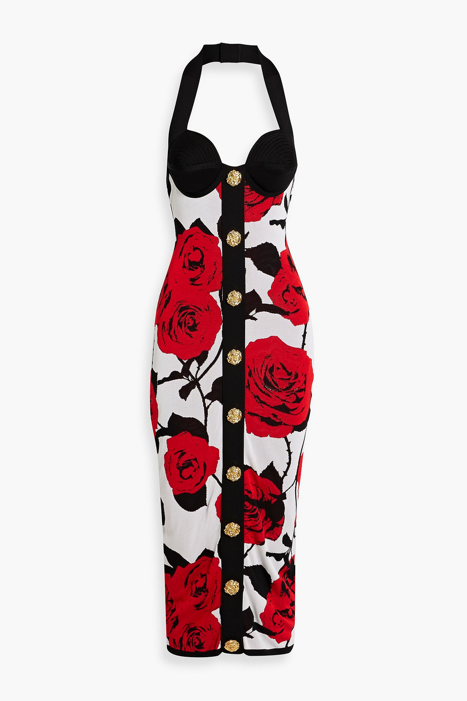 balmain - jacquard-knit halterneck midi dress - red - fr 42