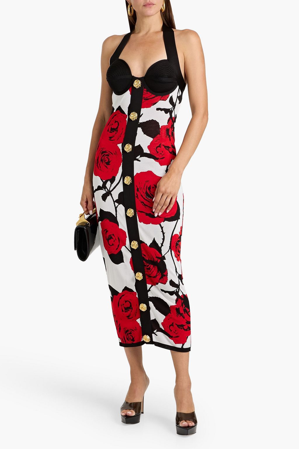 BALMAIN Jacquard-knit halterneck midi dress