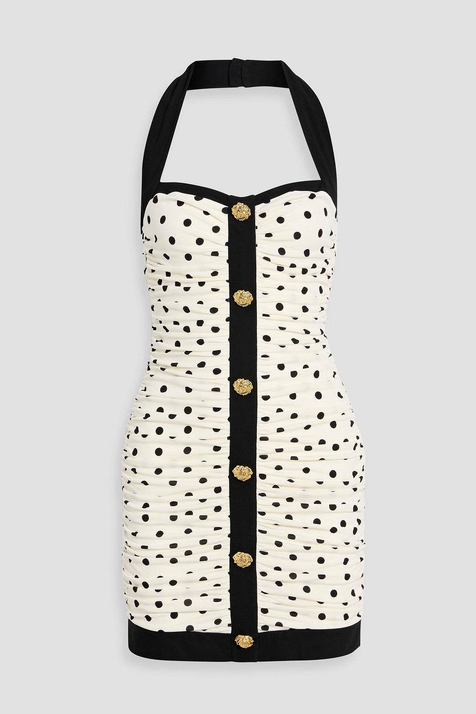 Balmain Ruched Polka-dot Jersey Halterneck Mini Dress In Multi