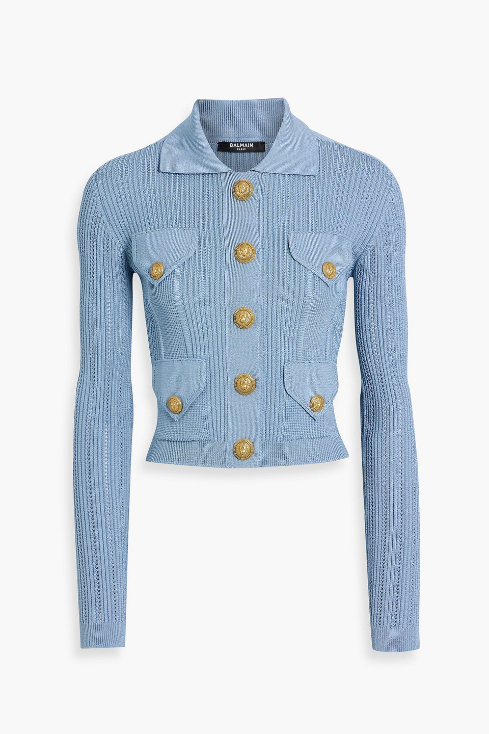 Balmain Button-embellished Ribbed Pointelle-knit Cardigan In Blue