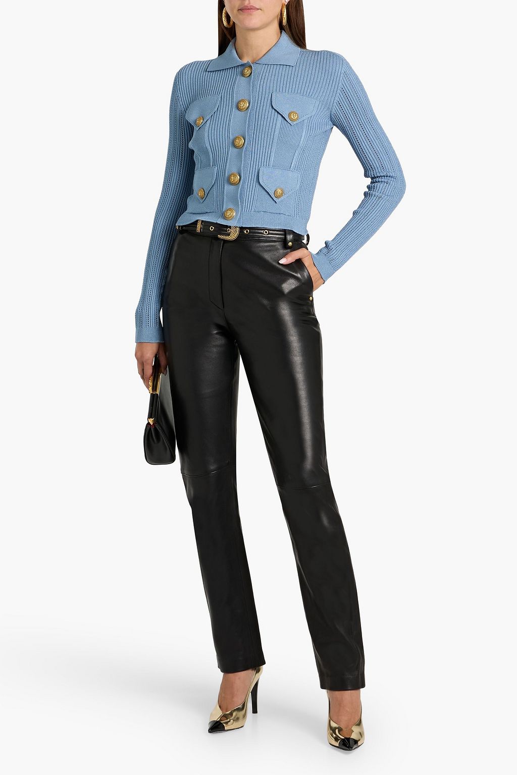 BALMAIN Button-embellished ribbed pointelle-knit cardigan