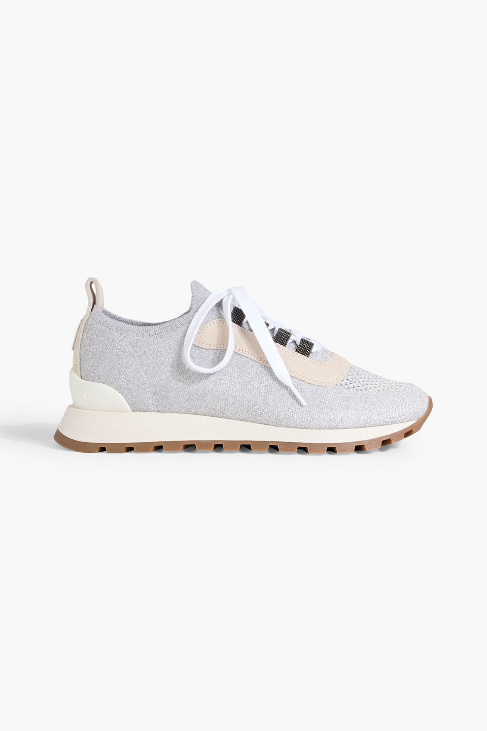 Brunello Cucinelli Bead-embellished Metallic Knitted Sneakers In Gray