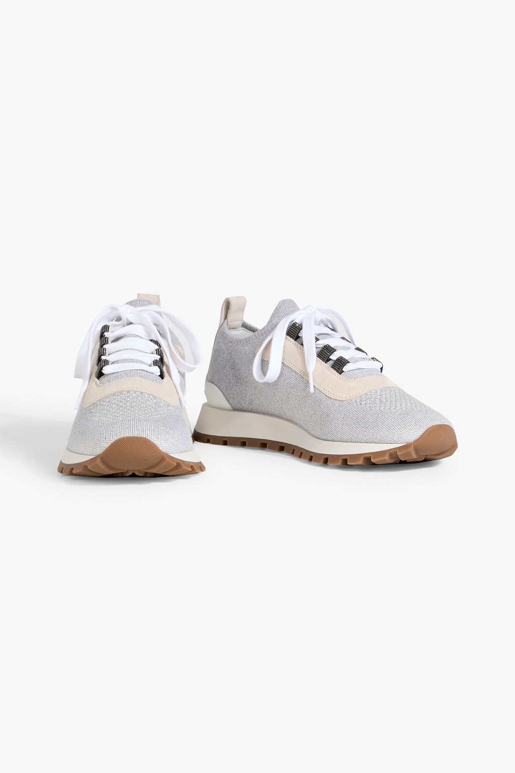 BRUNELLO CUCINELLI Bead-embellished metallic knitted sneakers