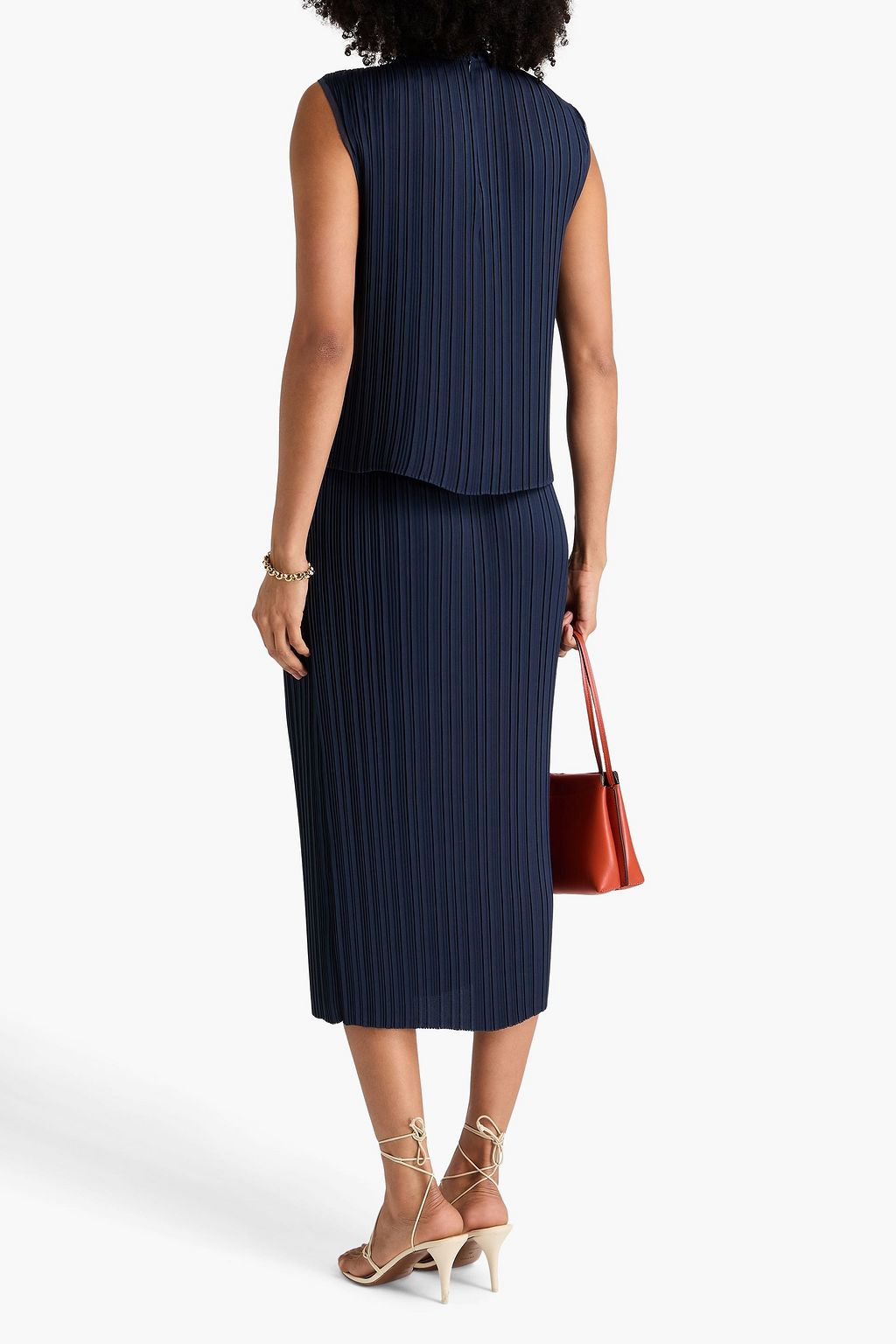 VINCE. Plissé-satin midi pencil skirt