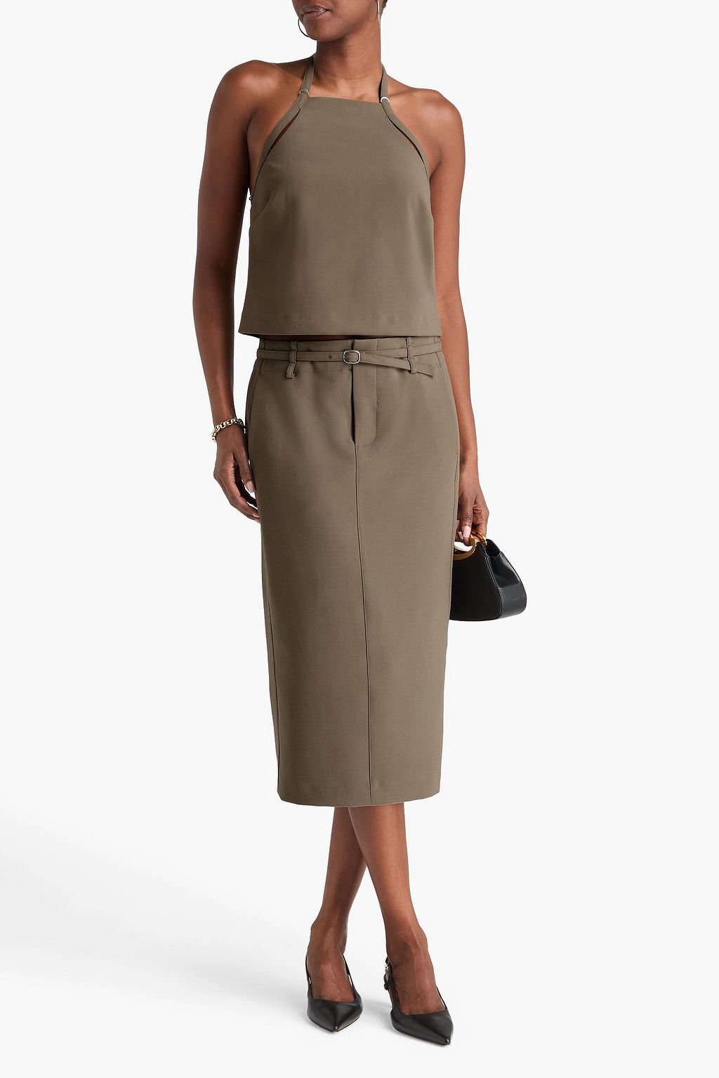 VINCE. Belted twill midi pencil skirt
