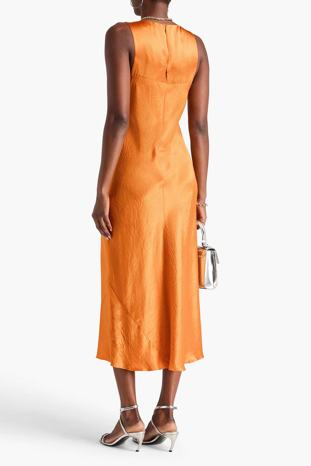 vince crinkled satin midi dress $365 VINCE Crinkled-Satin Midi Sleeveless Crew Neck Shift Dress 2 Cinnamon  Stick