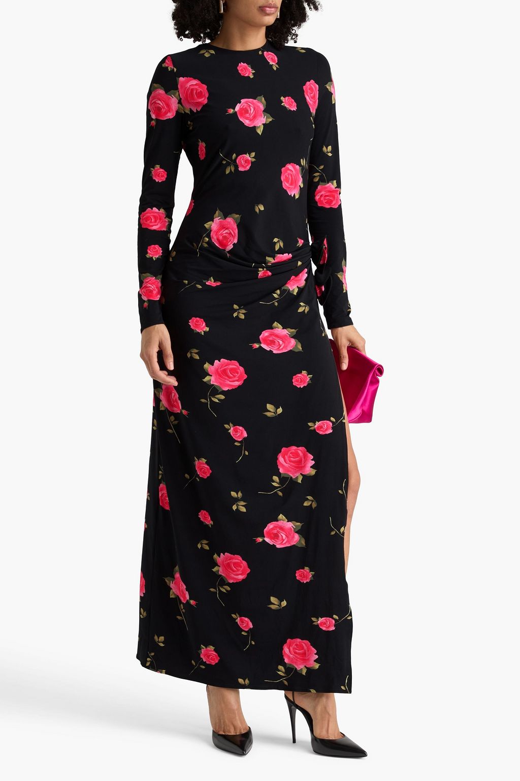 MAGDA BUTRYM Bedrucktes Midikleid aus Jersey mit Drapierung und floralen Applikationen