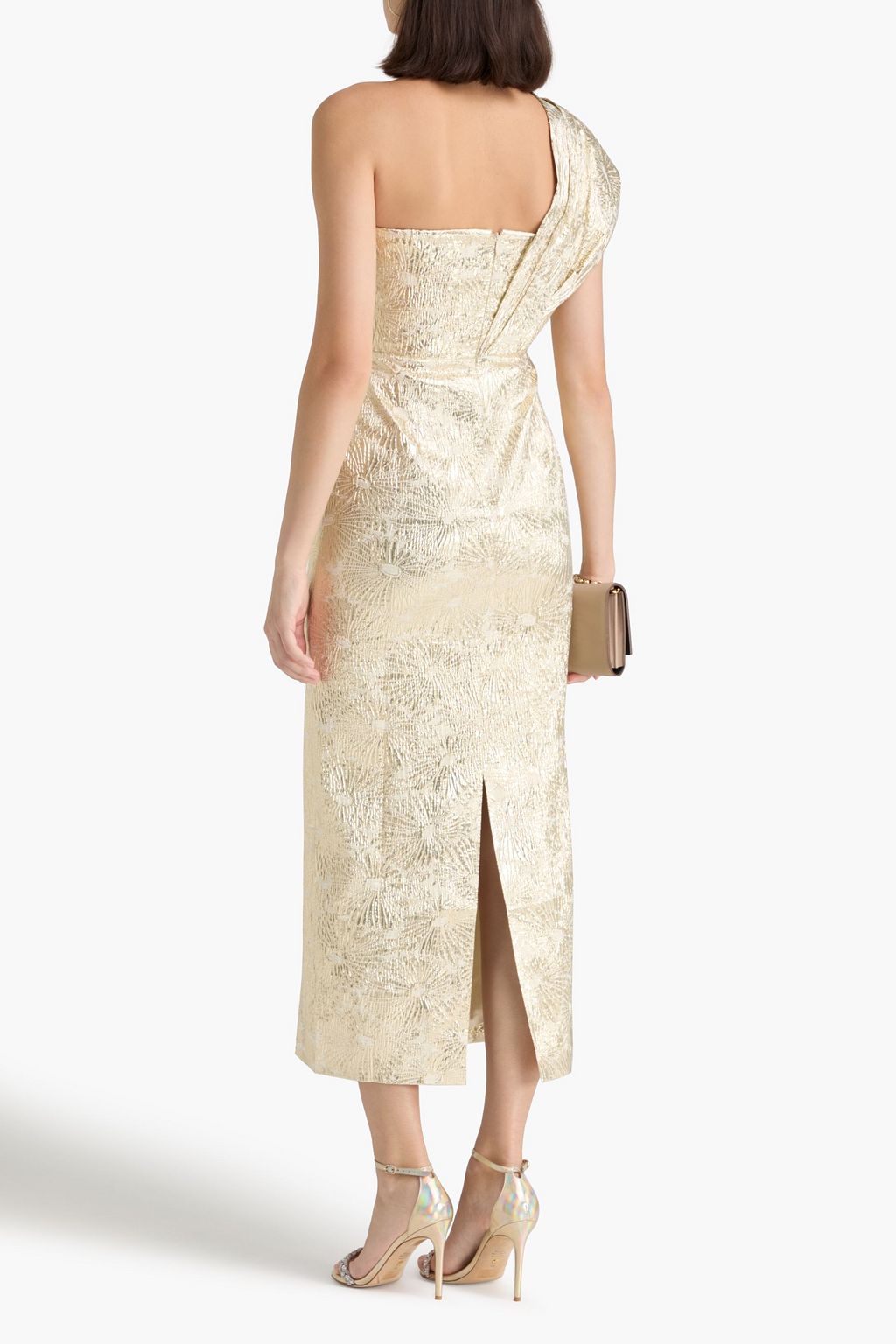 SALONI Mona one-shoulder metallic brocade midi dress