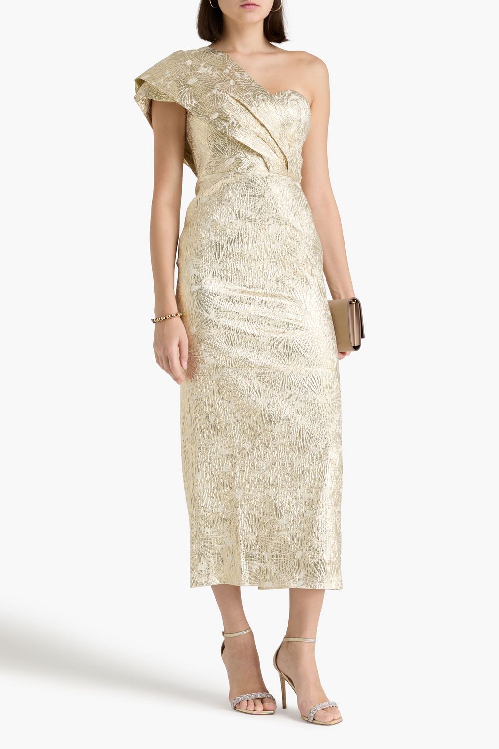 SALONI Mona one-shoulder metallic brocade midi dress