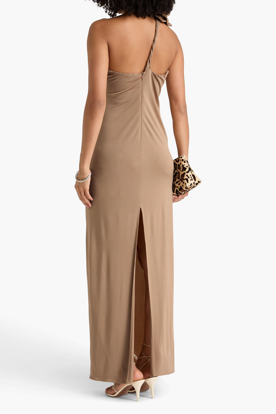  Magda Butrym - Maxikleid Aus Glänzendem Jersey Mit Floralen Applikationen Und Asymmetrischer Schulterpartie - Neutral - Fr 38 