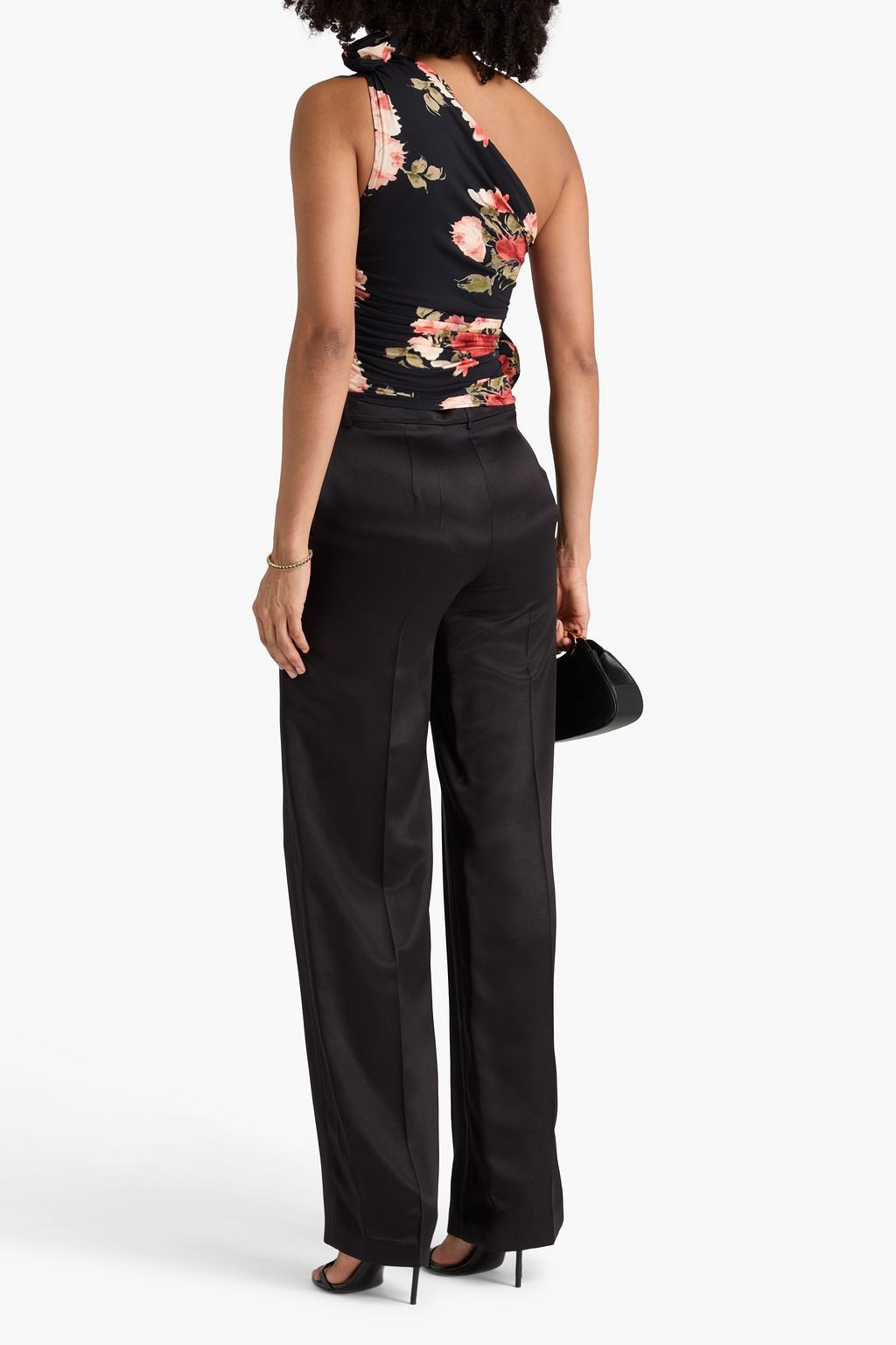 MAGDA BUTRYM One-shoulder floral-appliquéd ruched printed jersey top