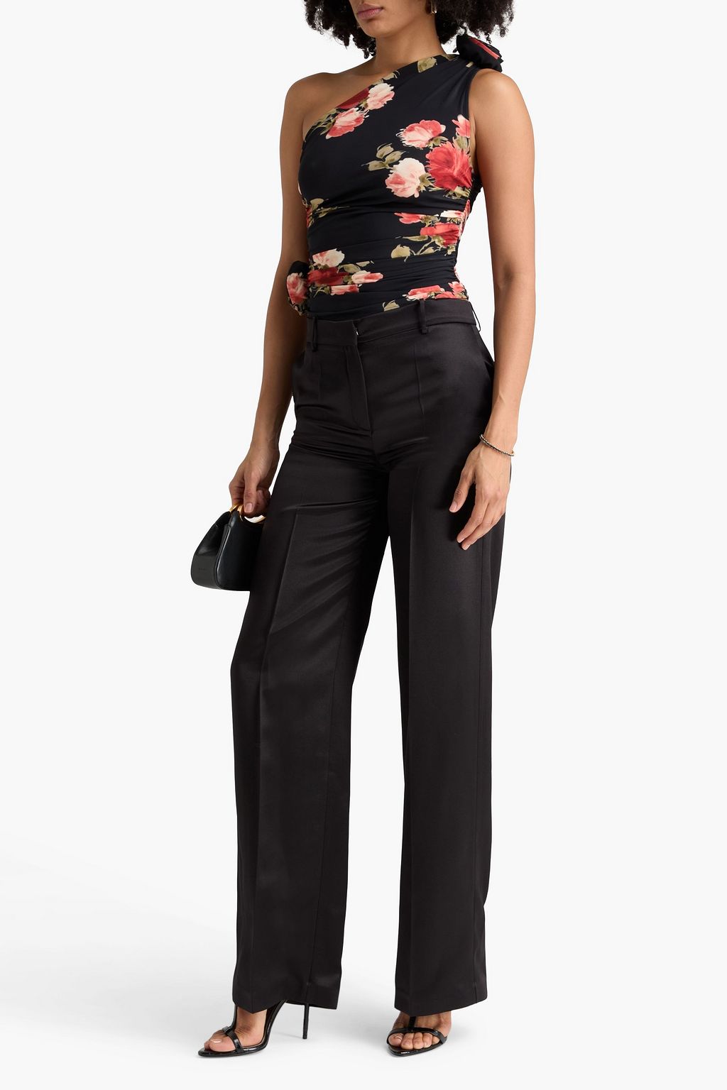 MAGDA BUTRYM One-shoulder floral-appliquéd ruched printed jersey top