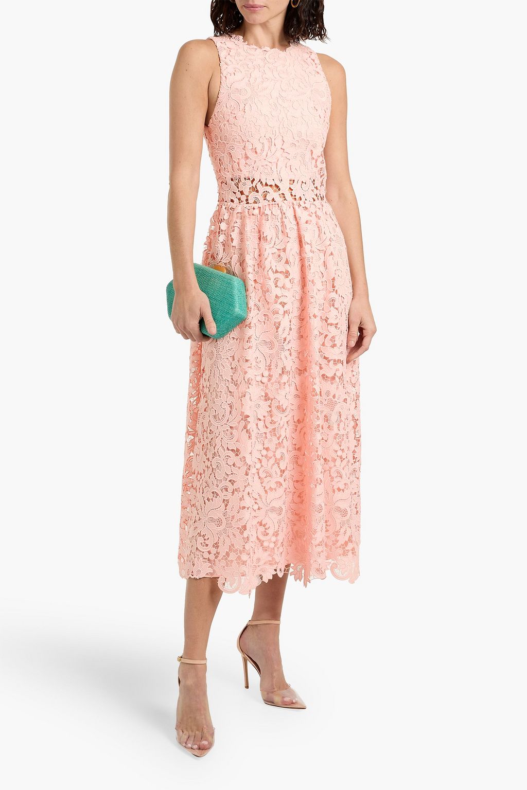 pink guipure lace midi dress Belted cotton-blend guipure lace midi dress - pink
