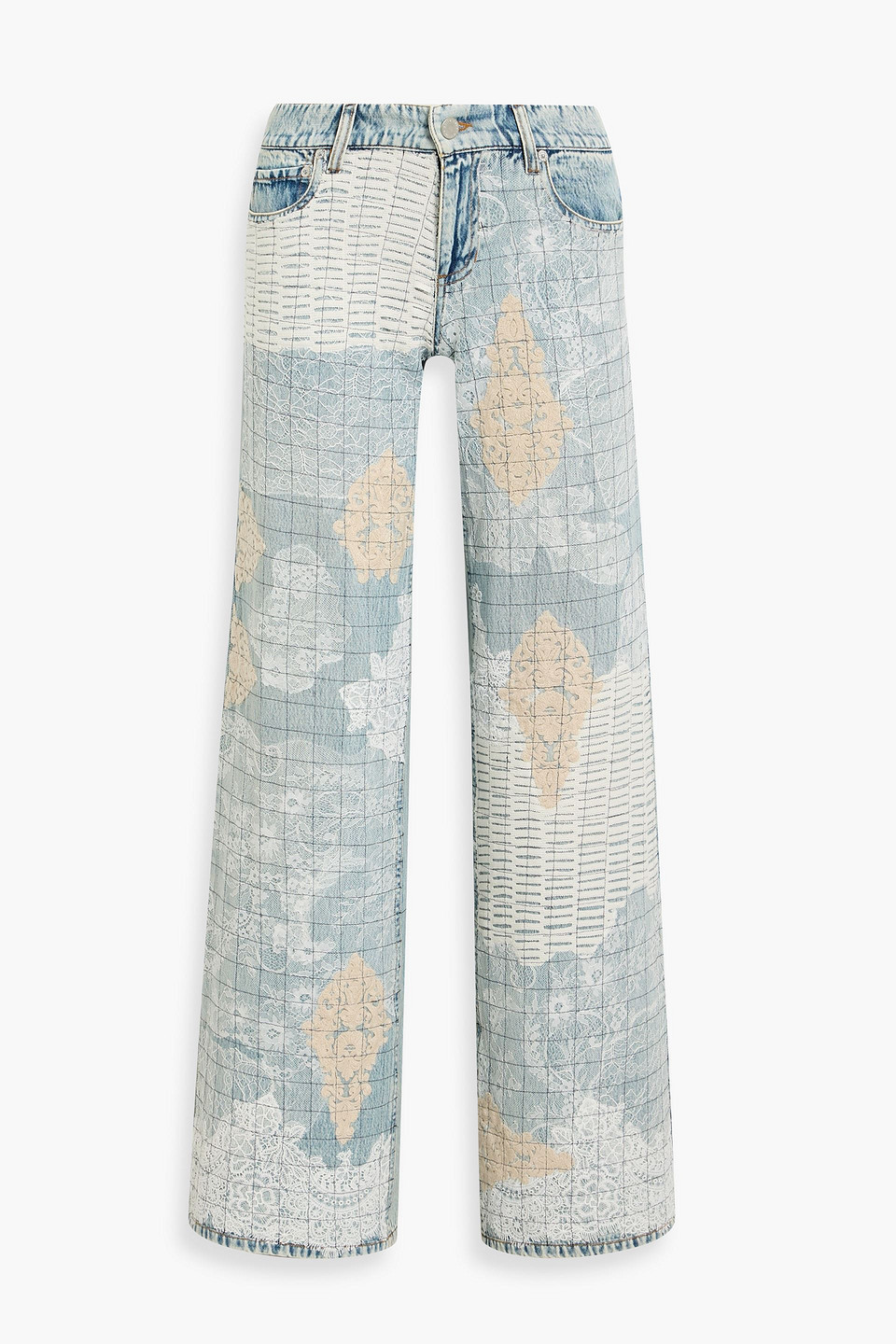Alice And Olivia Trish Low-rise Lace-paneled Wide-leg Jeans In Blue