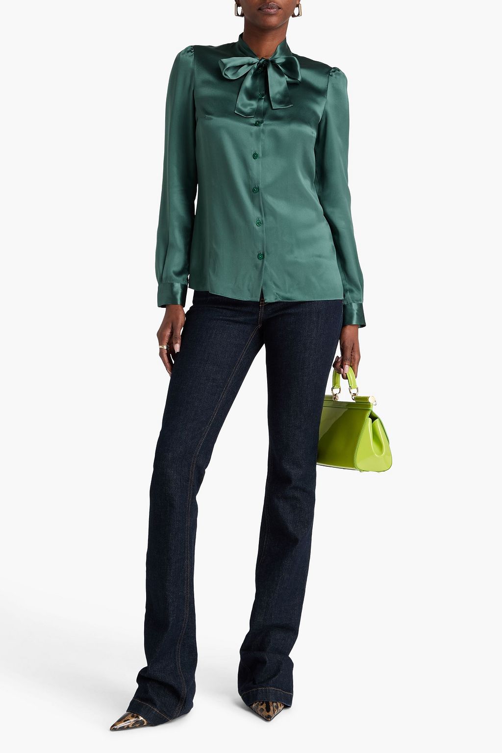 DOLCE&GABBANA 푸시 보우 디테일 실크 샤르뫼즈 블라우스