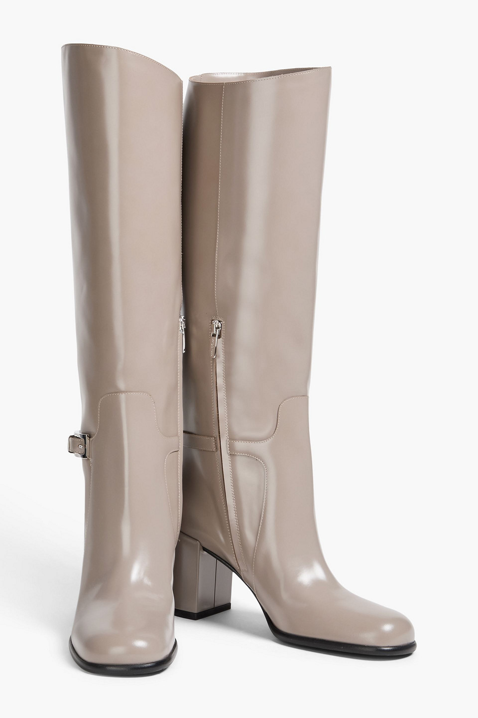  Sergio Rossi - Buckled Glossed-leather Knee Boots - Neutral - Eu 36.5 