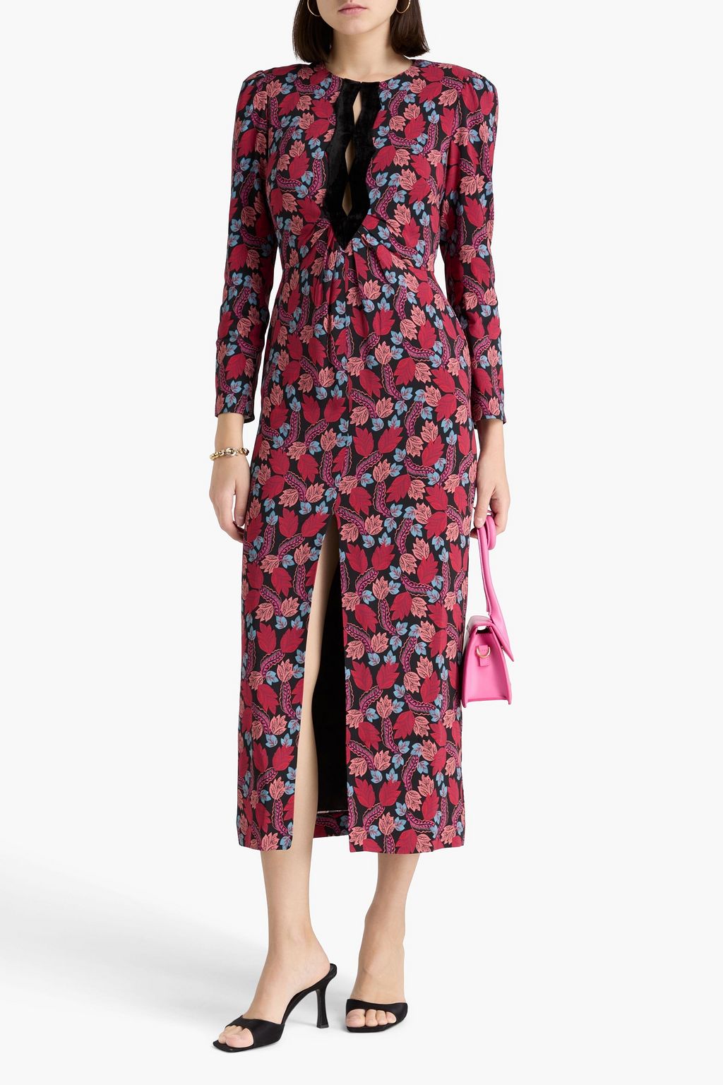 SALONI Jinx velvet-trimmed cutout printed cady midi dress