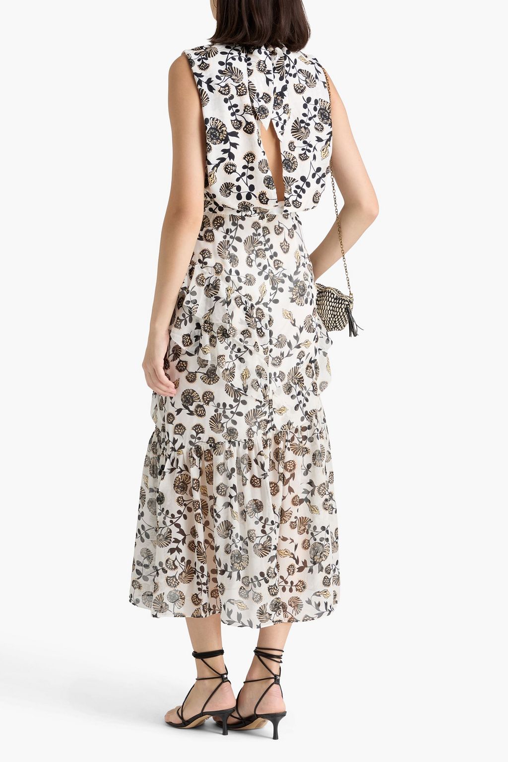 SALONI Fleur ruffled printed silk-georgette and jacquard midi dress
