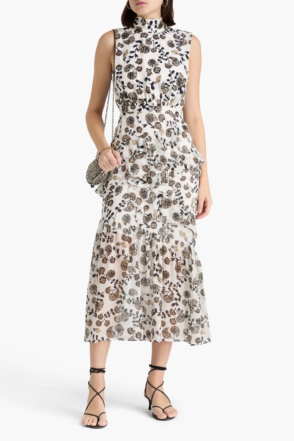 SALONI Fleur ruffled printed silk-georgette and jacquard midi dress
