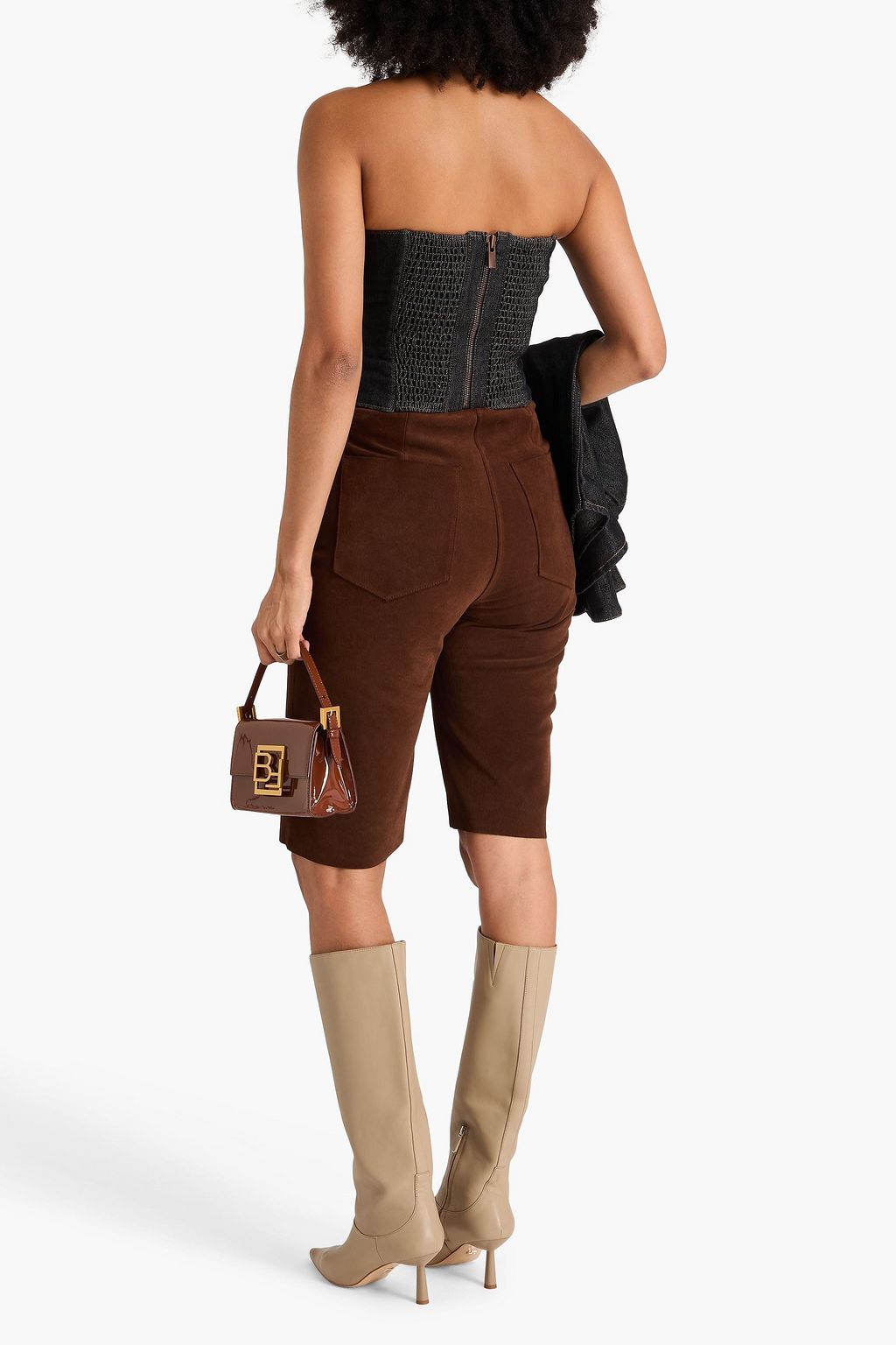 MAGDA BUTRYM Strapless floral-appliquéd denim top