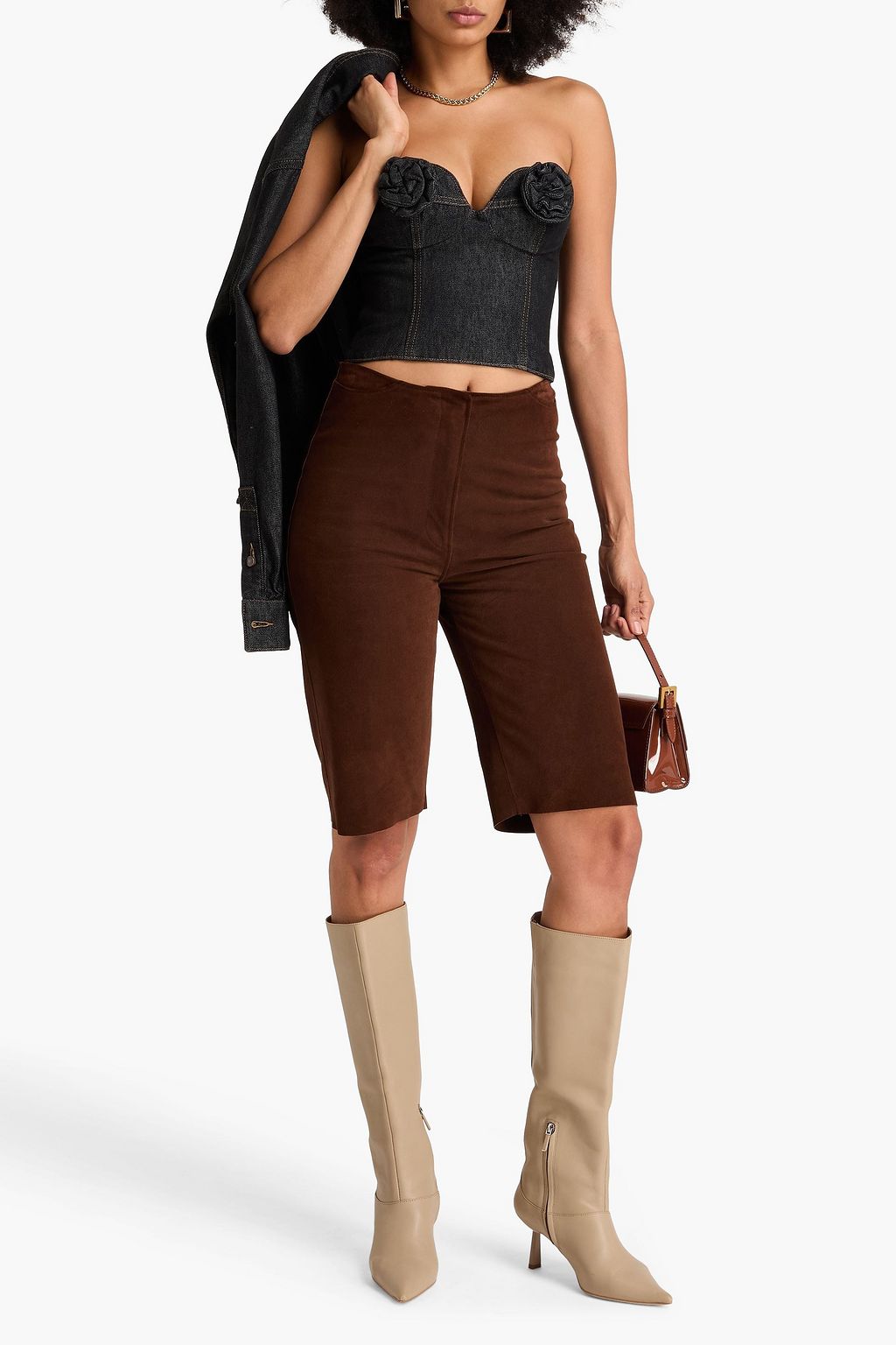 MAGDA BUTRYM Strapless floral-appliquéd denim top