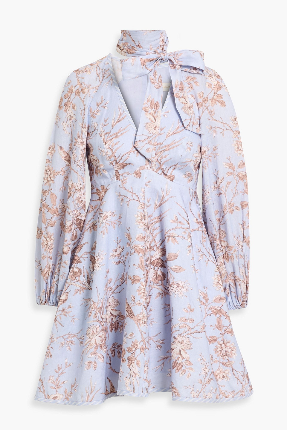 Zimmermann Pussy-bow Floral-print Linen Mini Dress In Purple