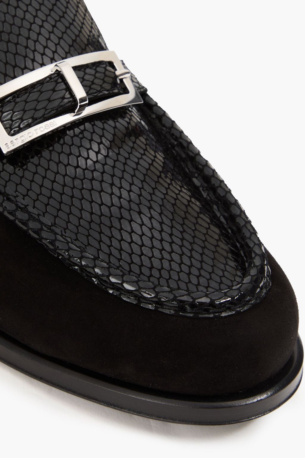 SERGIO ROSSI Embellished suede, patent and lizard-effect leather loafers