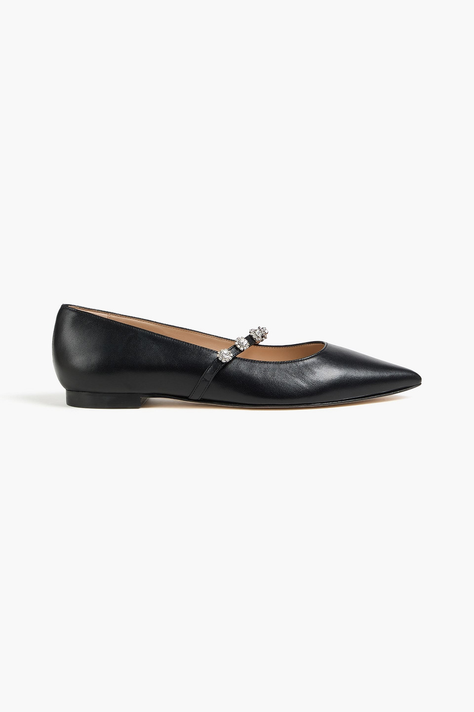 Stuart Weitzman Crystal-embellished Leather Mary Jane Flats In Black