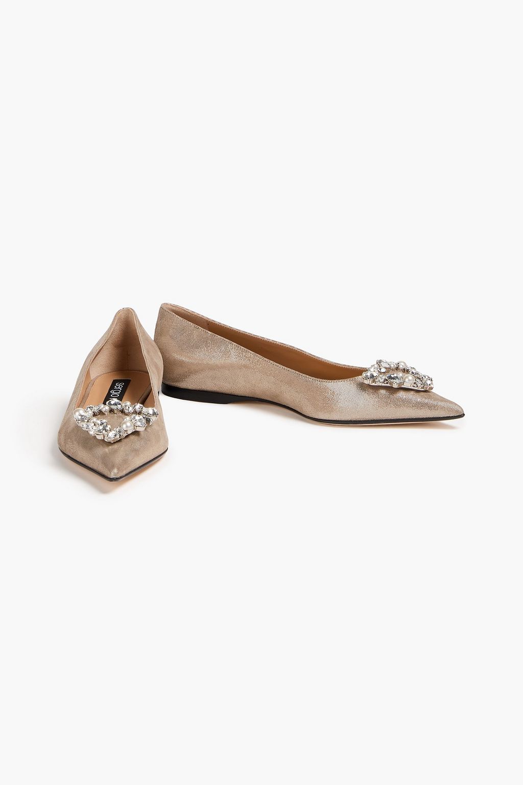 SERGIO ROSSI Embellished metallic suede point-toe flats
