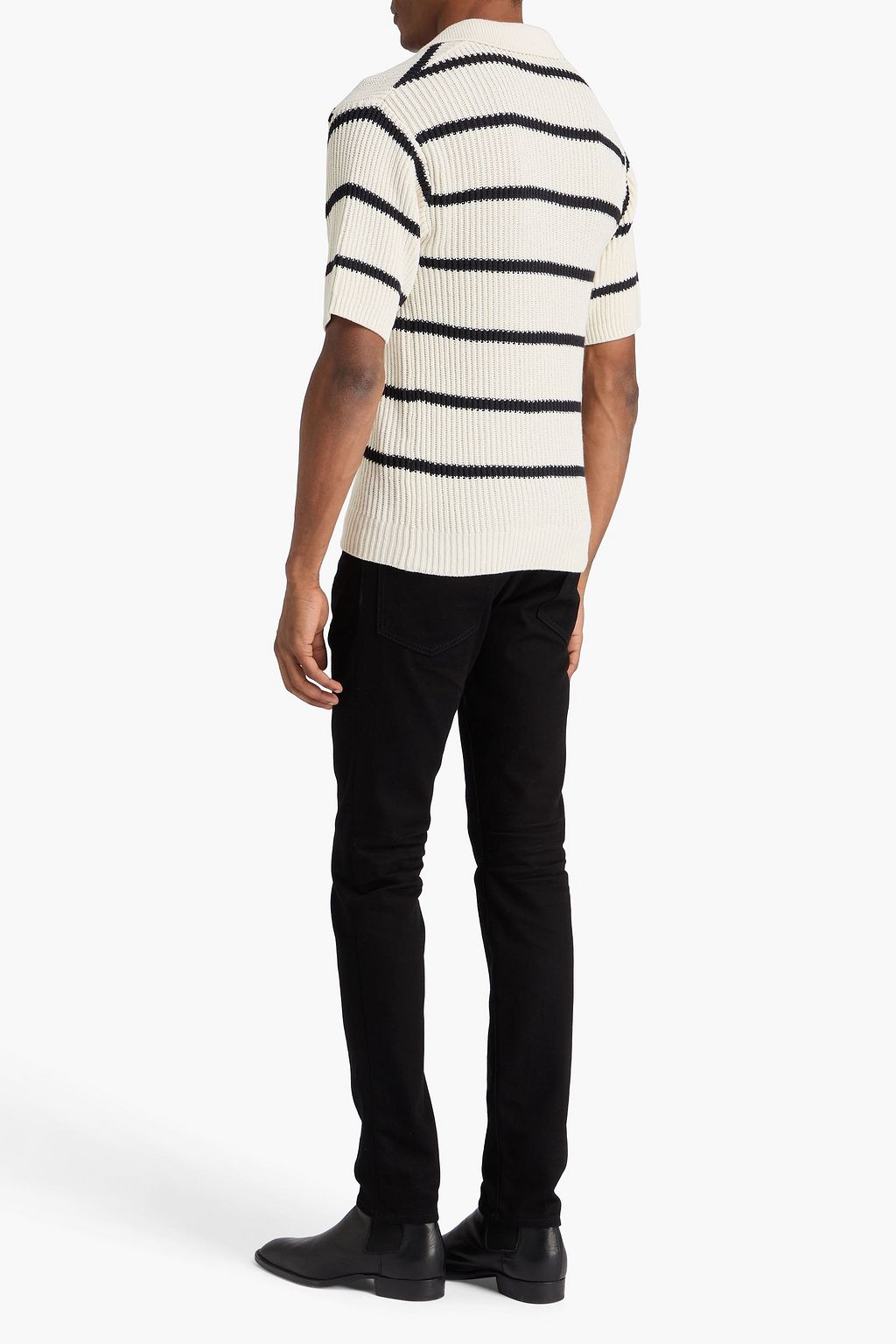 FRAME Striped ribbed cotton and silk-blend polo sweater