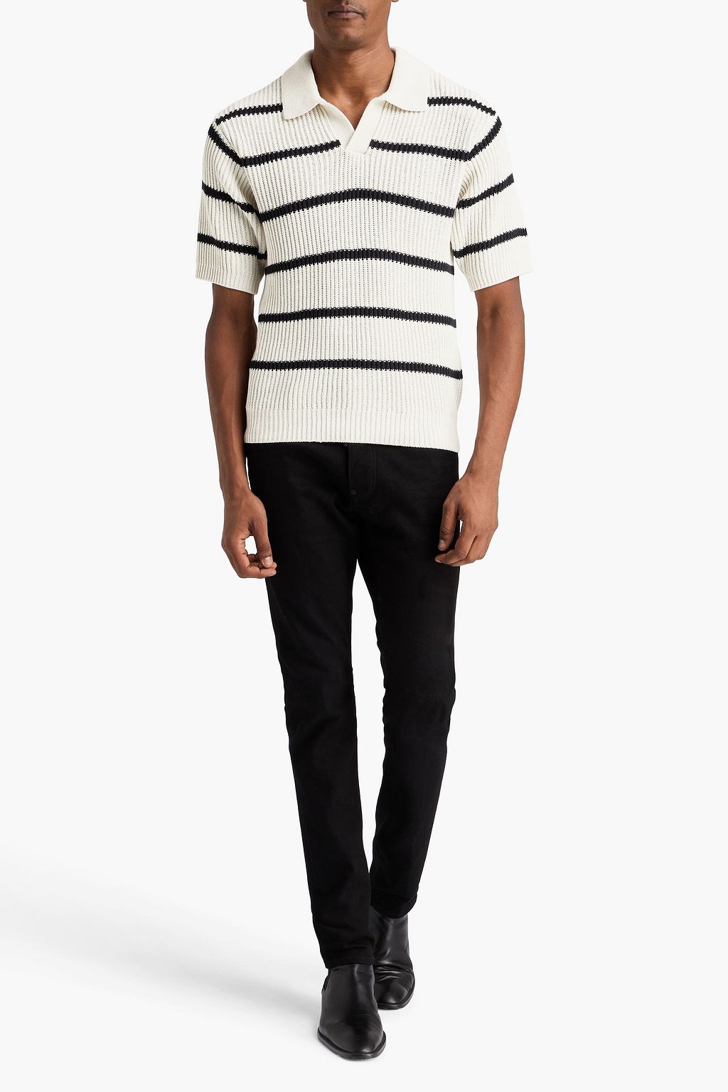 FRAME Striped ribbed cotton and silk-blend polo sweater