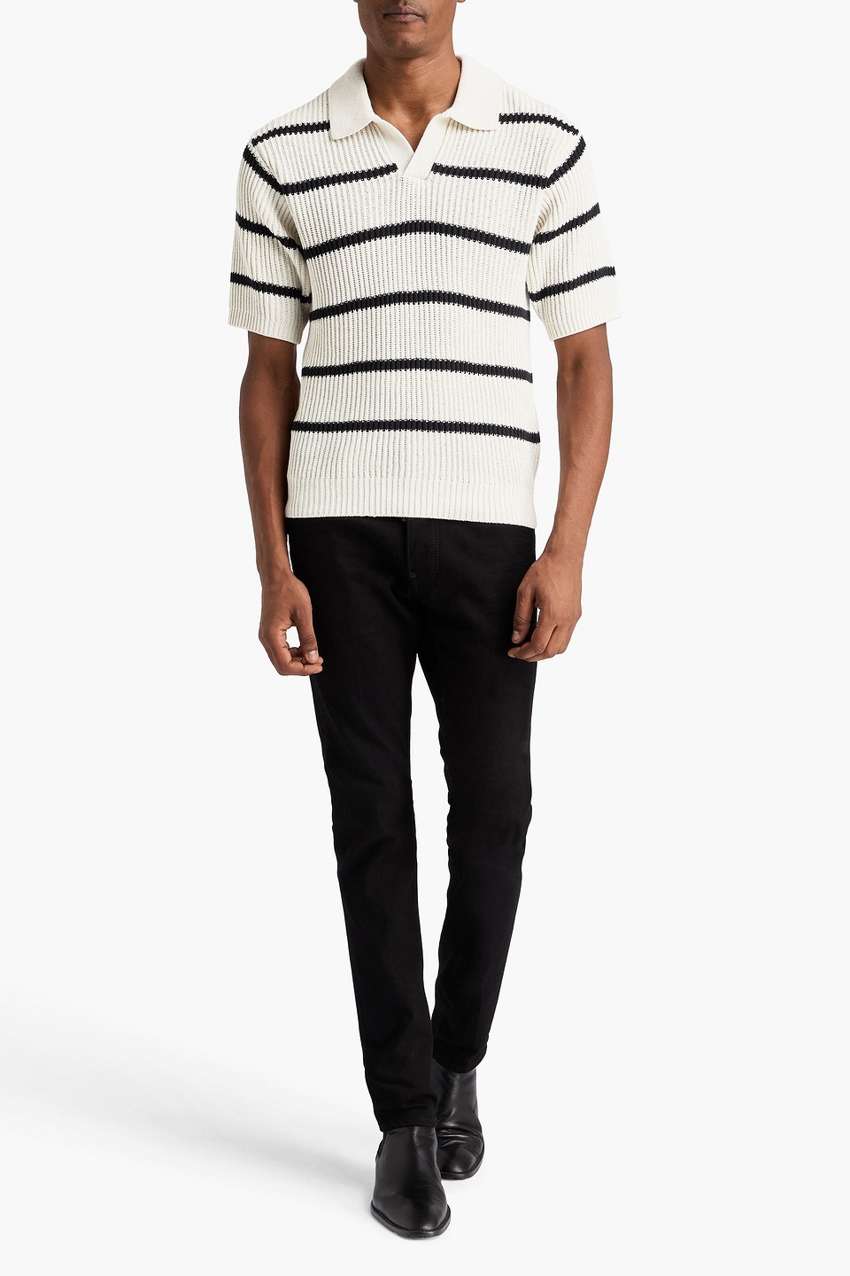  Frame - Pullover Aus Einer Gerippten Baumwoll-seidenmischung Mit Polokragen Und Streifen - Weiß - Xs 