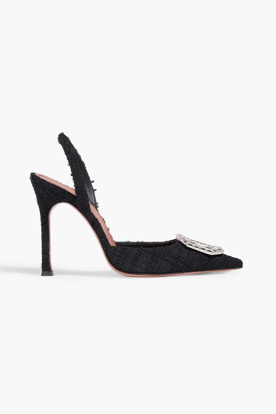 Amina Muaddi Camelia Crystal-embellished Tweed Slingback Pumps In Black