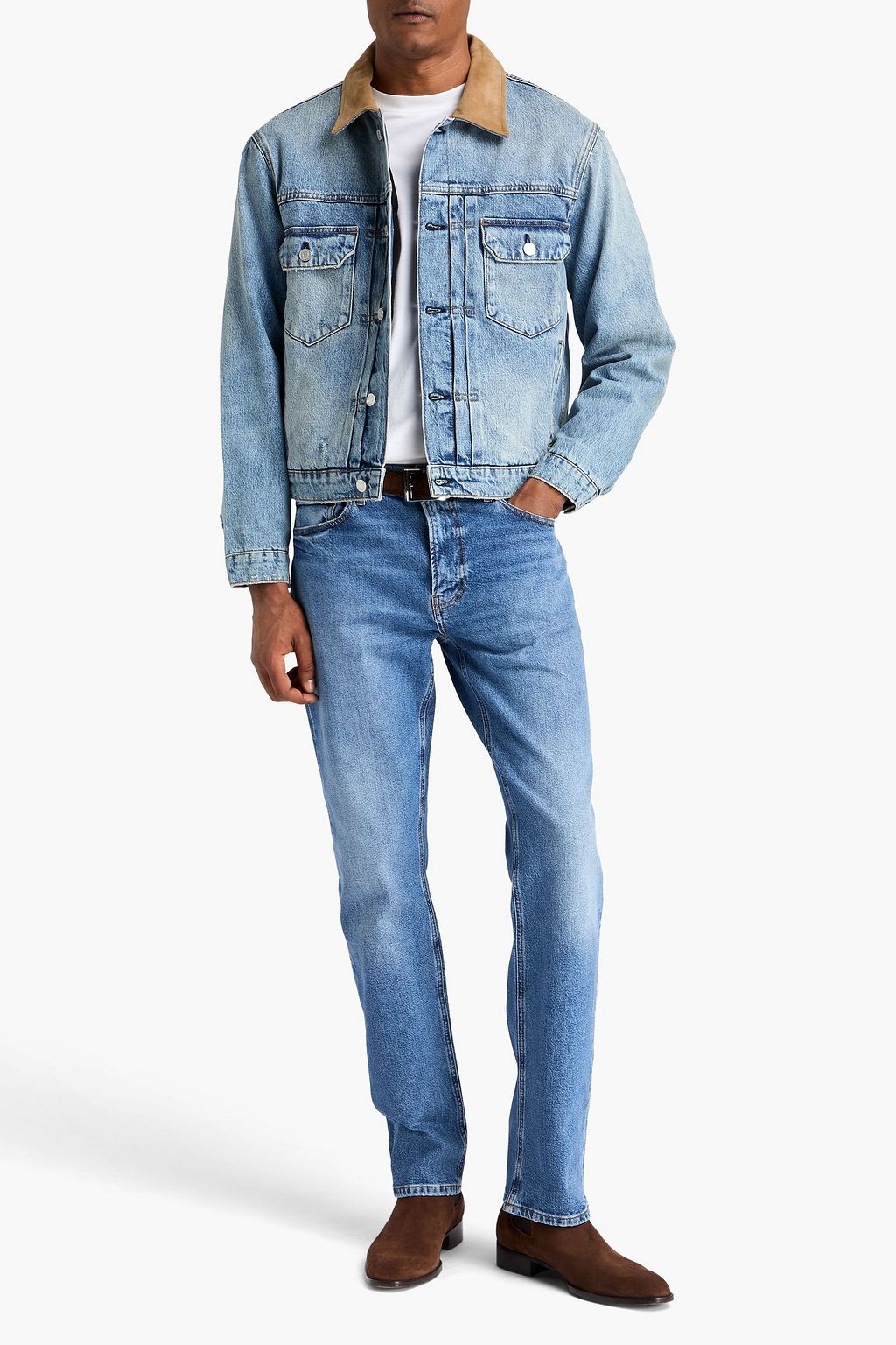 FRAME Suede-trimmed faded denim jacket
