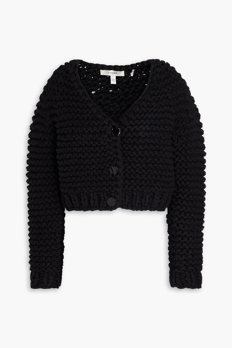 Frame Cropped Open-knit Cotton-blend Cardigan In Black