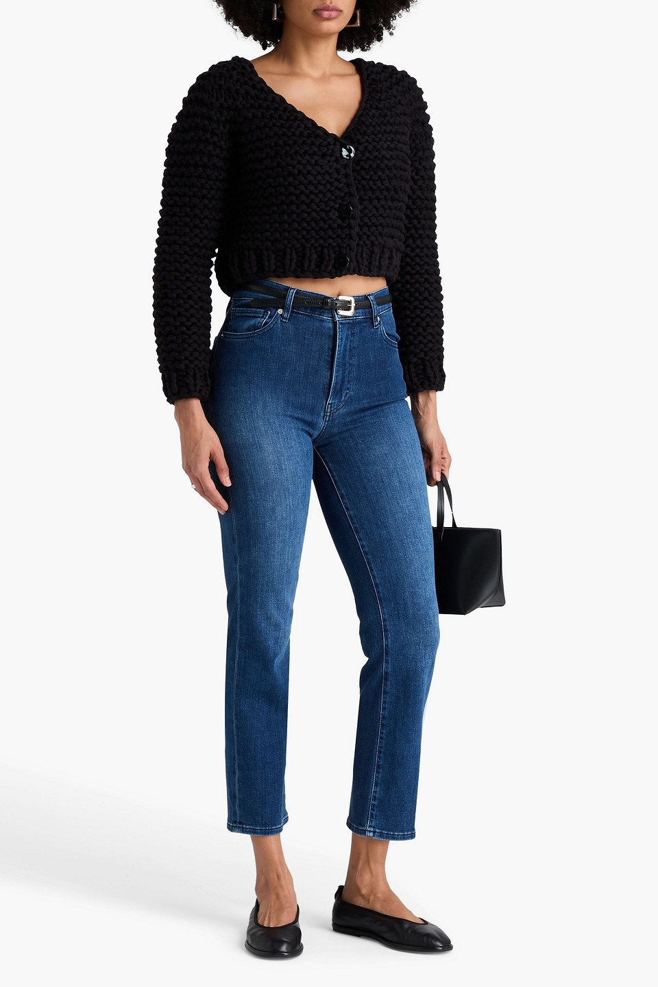 Frame Cropped Open-knit Cotton-blend Cardigan In Black