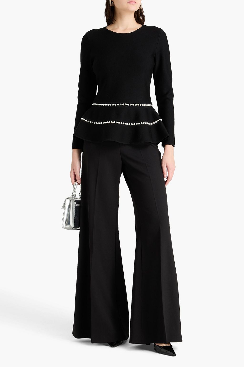 CAROLINA HERRERA Faux pearl-embellished wool-blend peplum sweater