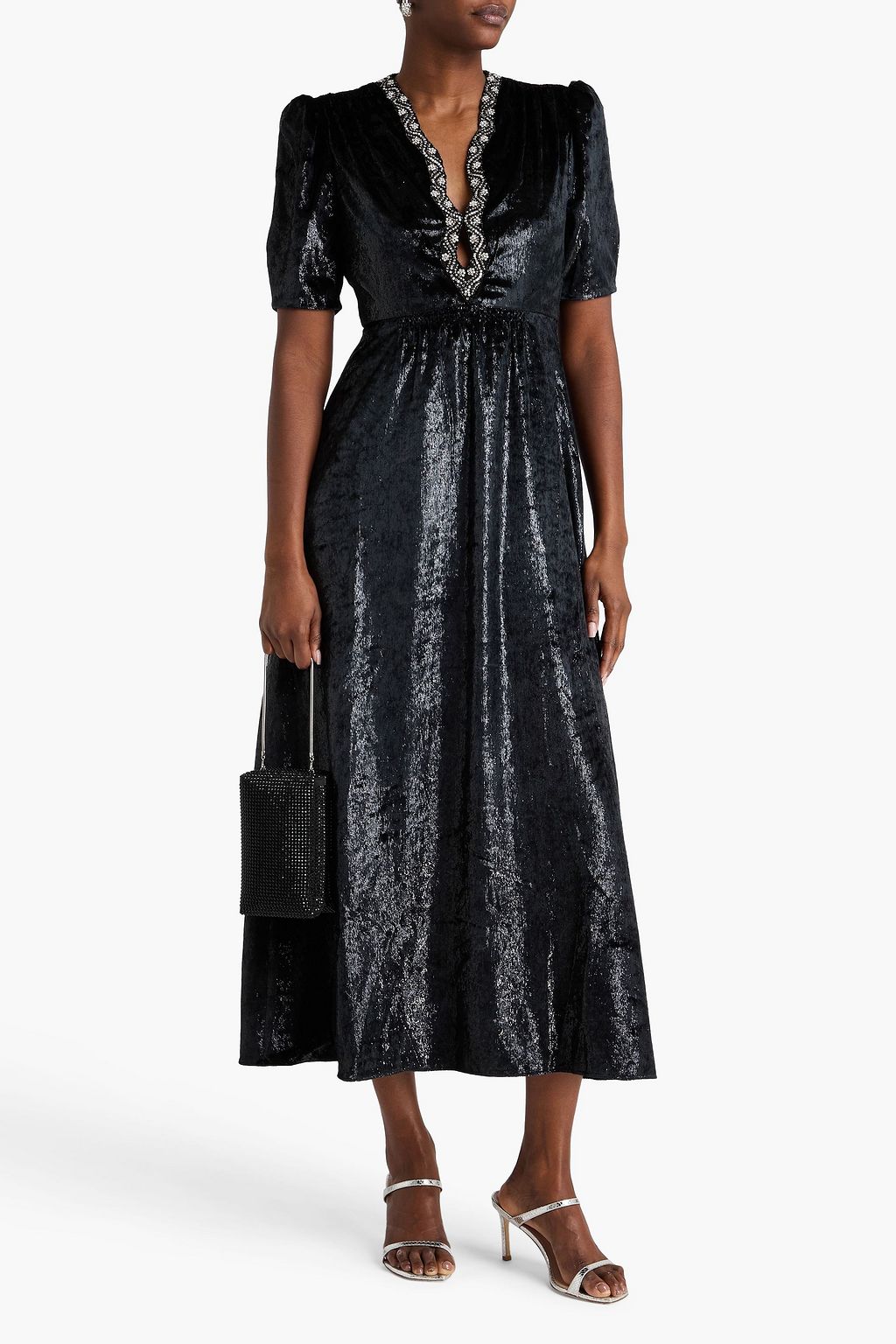 SALONI Tabitha crystal-embellished metallic velvet midi dress