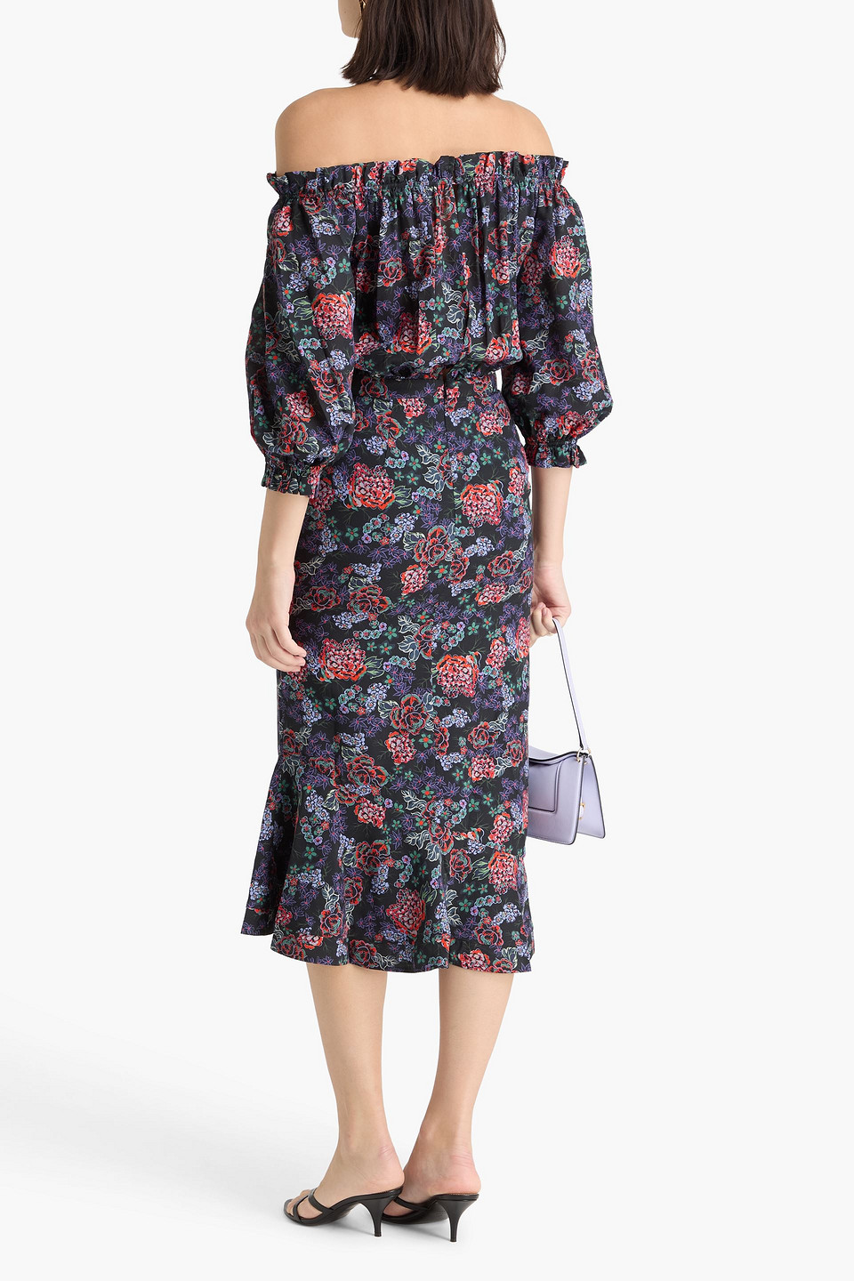  Saloni - Schulterfreies Midikleid „grace“ Aus Crêpe De Chine Aus Seide Mit Floralem Print - Bunt - Uk 8 