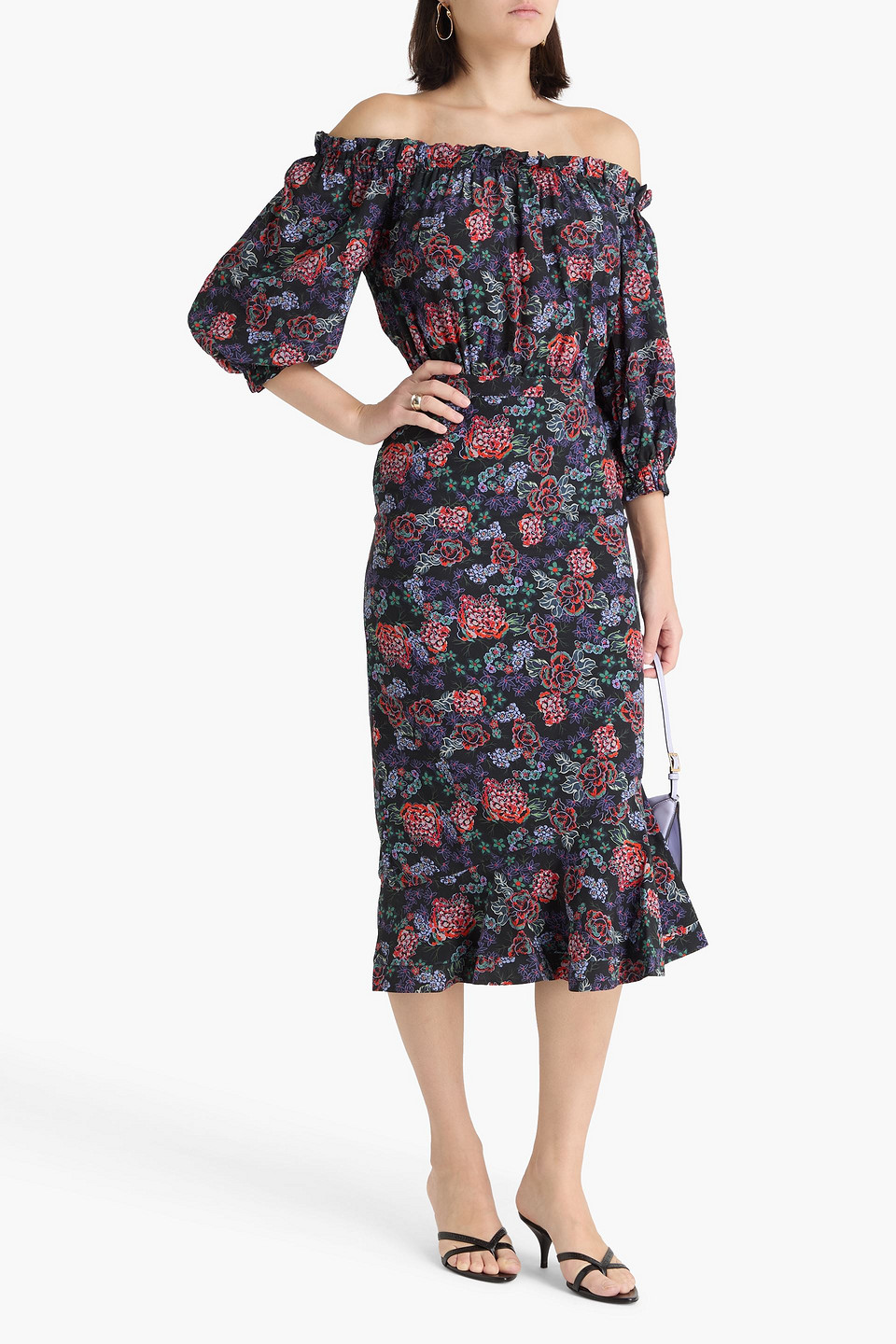  Saloni - Schulterfreies Midikleid „grace“ Aus Crêpe De Chine Aus Seide Mit Floralem Print - Bunt - Uk 8 