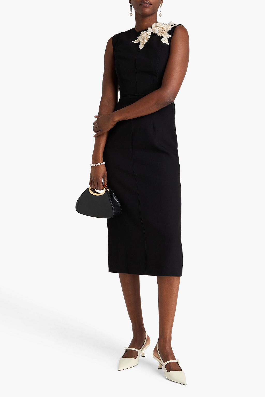 ERDEM Floral-appliquéd grain de poudre wool midi dress